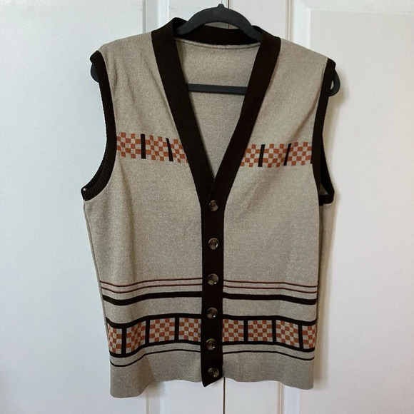Vintage 70’s Acrylic  Tan Funky Knit Grandpa Sweater Vest Neutral Mid Century - Picture 1 of 4